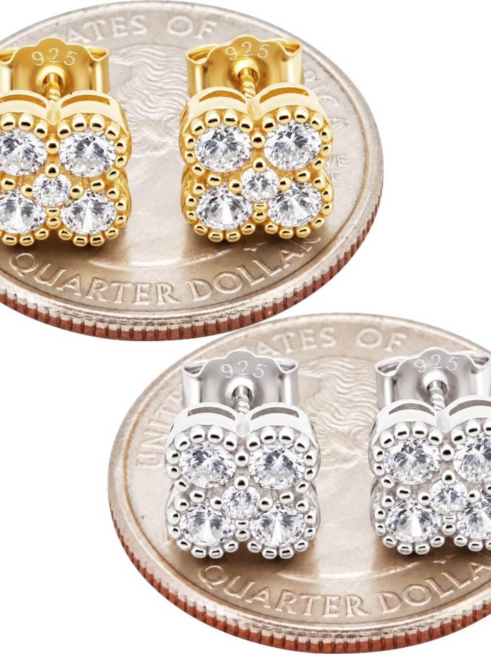 925 Sterling Silver 14k Gold Vermeil AAA Cubic Zirconia 8mm Clover Stud Earrings